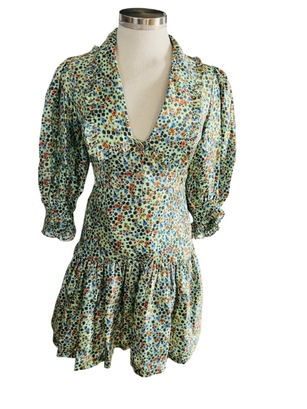 Sandro Eilat Floral-Print Silk Mini Dress - Green/Blue/White Size 34 US2 NWT - Picture 6 of 15